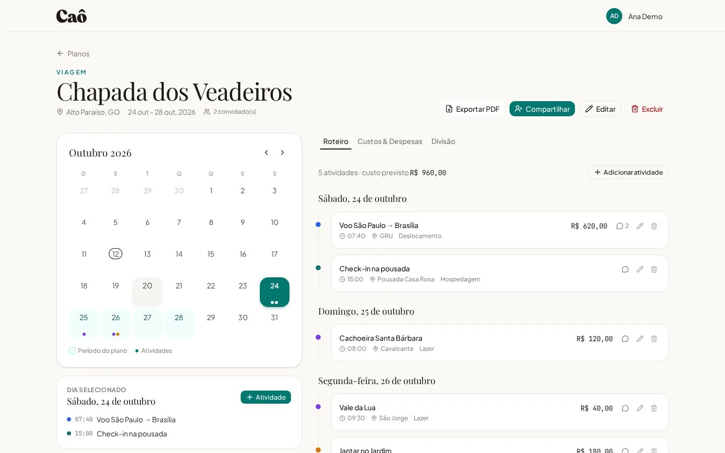 Tela do Caô: Calendário e roteiro